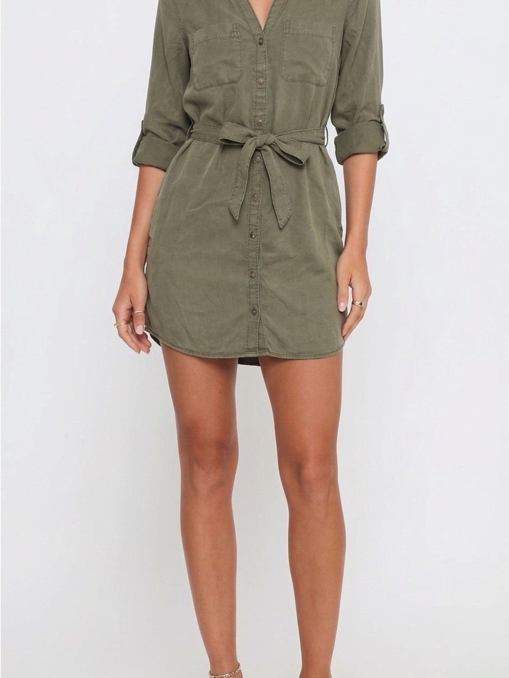 Abercrombie & Fitch Olive Button-Front Tie-Waist Mini Dress